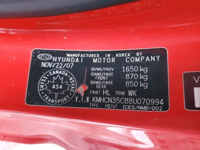 KMHCN35C88U070994 - 2008 HYUNDAI ACCENT BASE RED photo 12