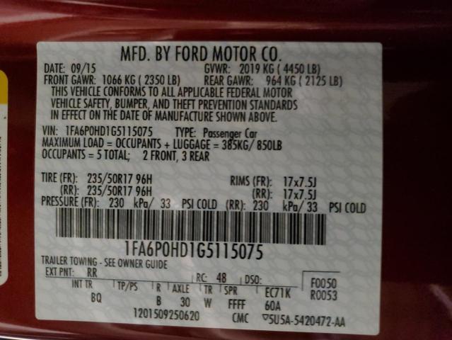 1FA6P0HD1G5115075 - 2016 FORD FUSION SE RED photo 12