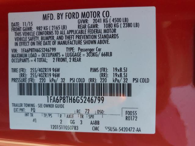 1FA6P8TH6G5246799 - 2016 FORD MUSTANG RED photo 12