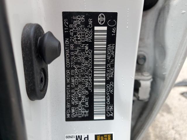 JTDS4MCE2N3500842 - 2022 TOYOTA COROLLA SE WHITE photo 12