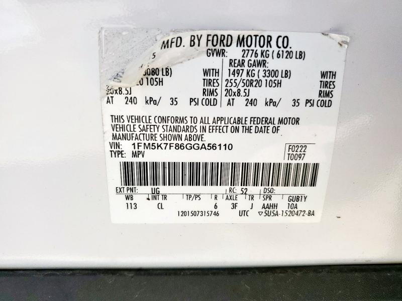 1FM5K7F86GGA56110 - 2016 FORD EXPLORER LIMITED WHITE photo 14