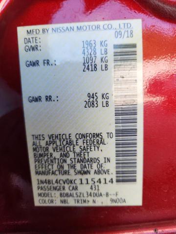 1N4BL4CV0KC115414 - 2019 NISSAN ALTIMA SR 红色 照片 12