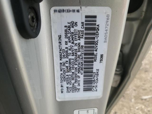 4T1BE32K13U721138 - 2003 TOYOTA CAMRY LE SILVER photo 12