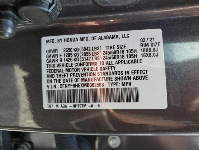 5FNYF6H5XMB062503 - 2021 HONDA PILOT EXL GRAY photo 14