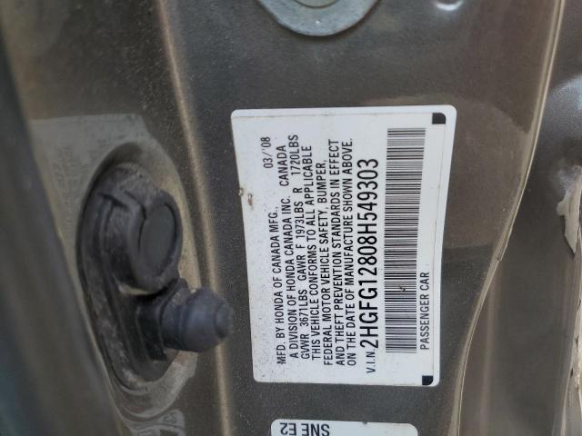 2HGFG12808H549303 - 2008 HONDA CIVIC EX GRAY photo 12