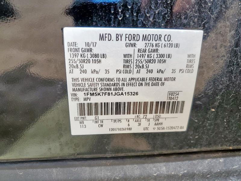 1FM5K7F81JGA15326 - 2018 FORD EXPLORER LIMITED Qara foto 13