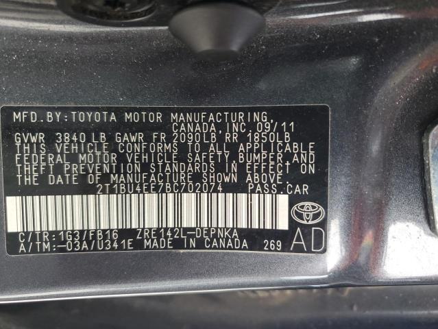 2T1BU4EE7BC702074 - 2011 TOYOTA COROLLA BASE CHARCOAL photo 12