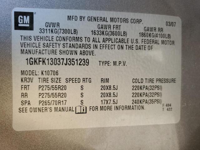 1GKFK13037J351239 - 2007 GMC YUKON GRAY photo 13