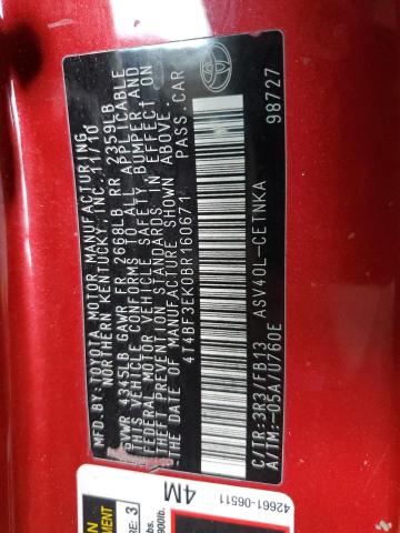 4T4BF3EK0BR160671 - 2011 TOYOTA CAMRY BASE RED photo 12