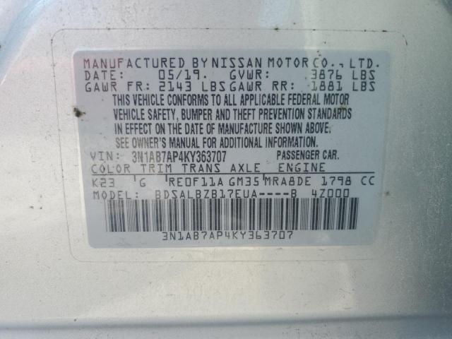 3N1AB7AP4KY363707 - 2019 NISSAN SENTRA S 银色 照片 12