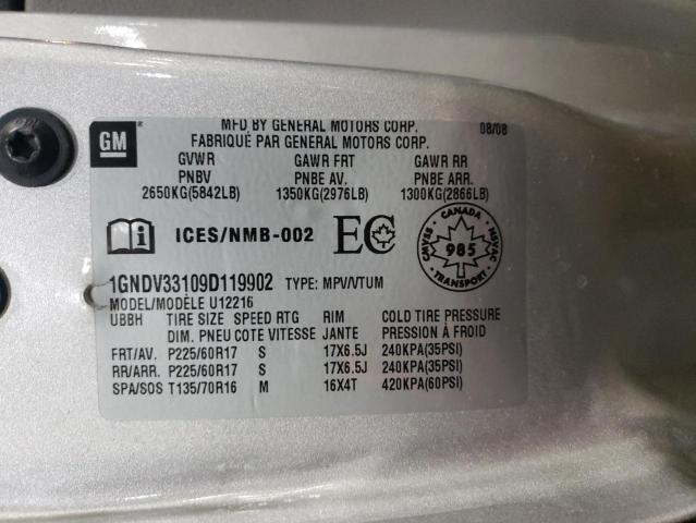 1GNDV33109D119902 - 2009 CHEVROLET UPLANDER LT ვერცხლისფერი ფოტო 10