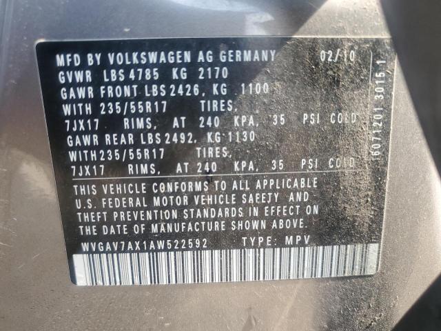 WVGAV7AX1AW522592 - 2010 VOLKSWAGEN TIGUAN S GRAY photo 12