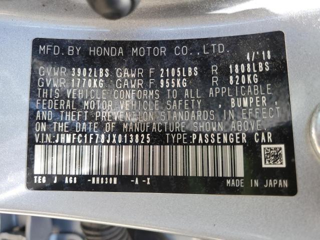 JHMFC1F78JX013825 - 2018 HONDA CIVIC EXL SILVER photo 12