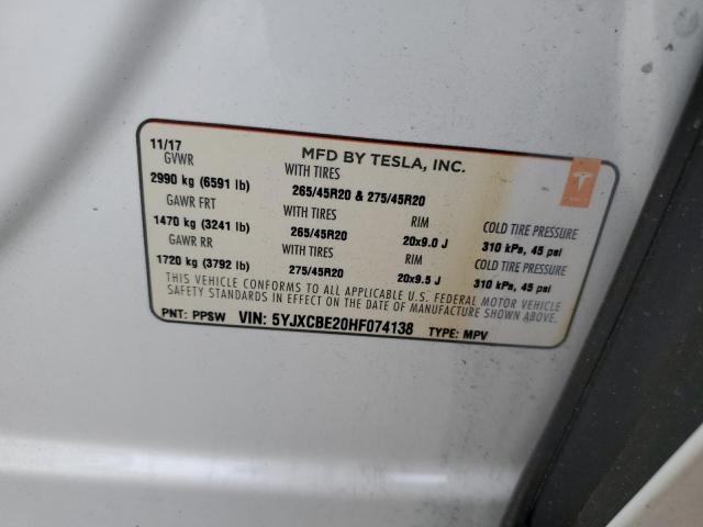 5YJXCBE20HF074138 - 2017 TESLA MODEL X 白色 照片 13
