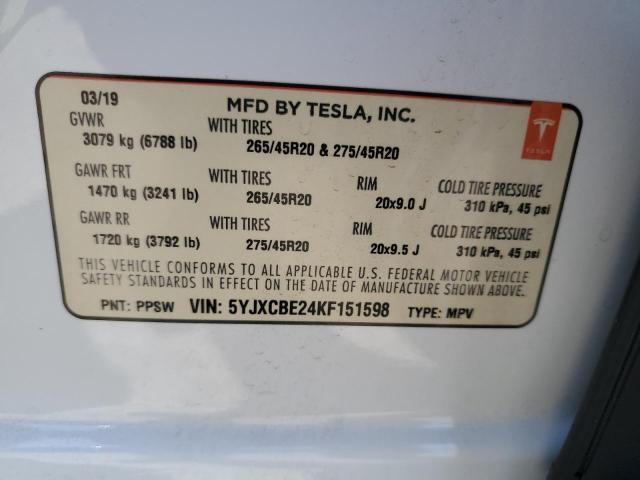 5YJXCBE24KF151598 - 2019 TESLA MODEL X Weiß Foto 13