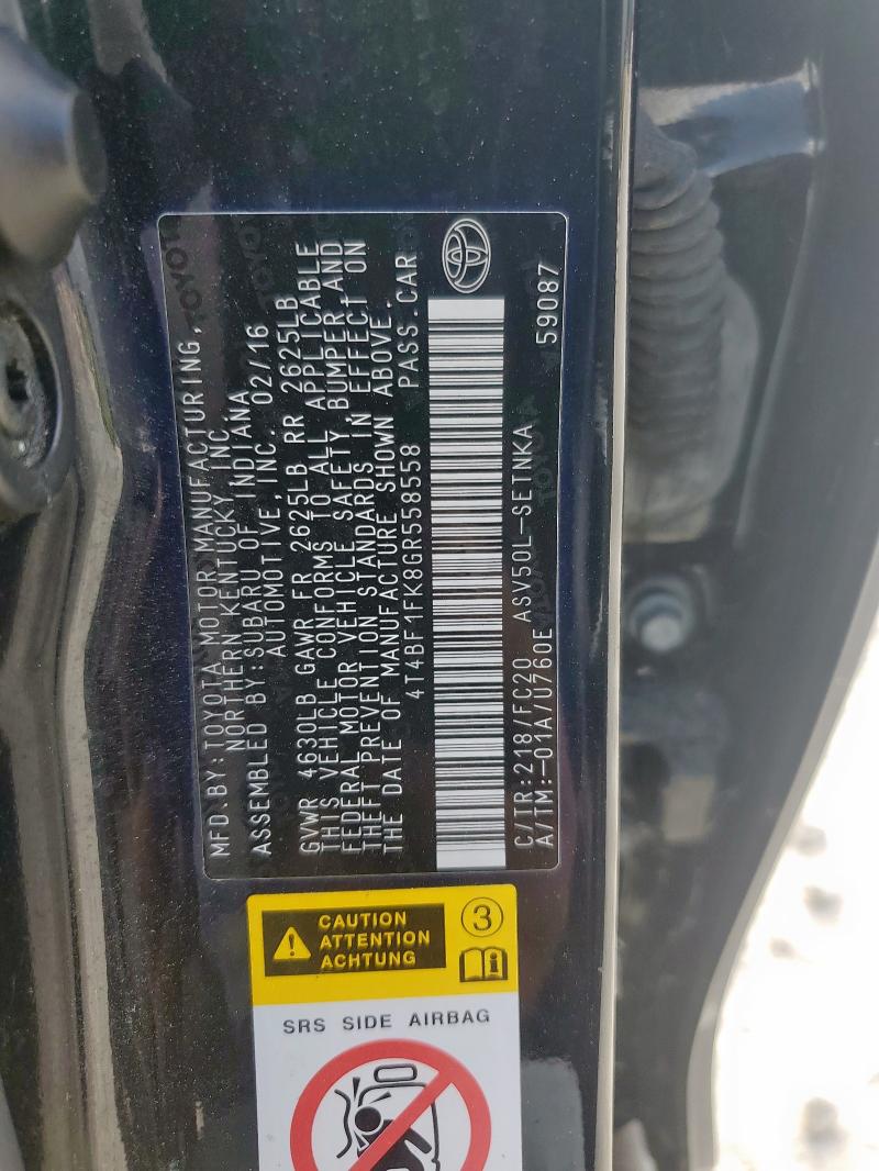 4T4BF1FK8GR558558 - 2016 TOYOTA CAMRY LE BLACK photo 12