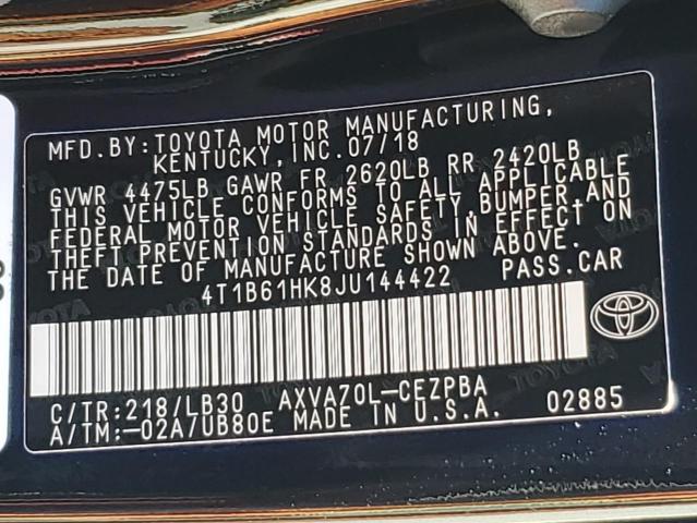 4T1B61HK8JU144422 - 2018 TOYOTA CAMRY XSE შავი ფოტო 12