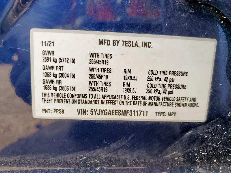 5YJYGAEE8MF311711 - 2021 TESLA MODEL Y BLUE photo 13