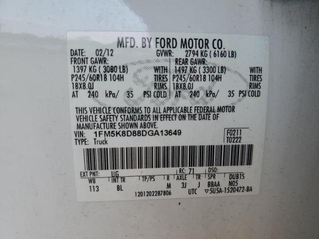 1FM5K8D88DGA13649 - 2013 FORD EXPLORER XLT თეთრი ფოტო 13