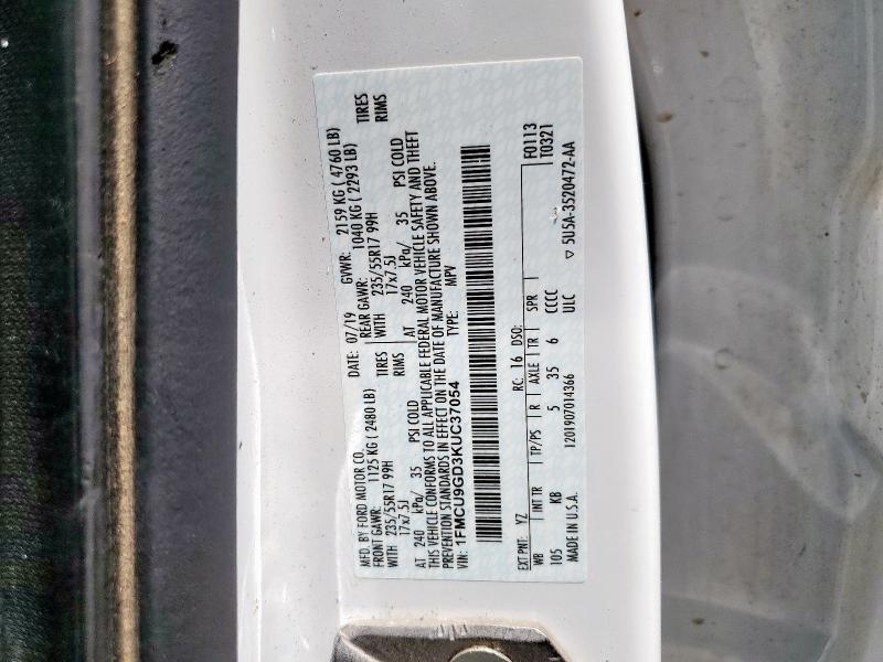 1FMCU9GD3KUC37054 - 2019 FORD ESCAPE SE 白色 照片 14