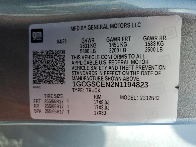 1GCGSCEN2N1194823 - 2022 CHEVROLET COLORADO LT GRAY photo 12