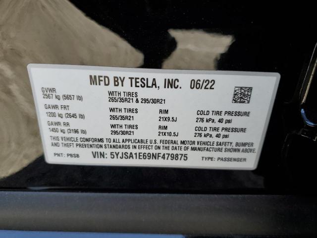5YJSA1E69NF479875 - 2022 TESLA MODEL S Սև լուսանկար 10