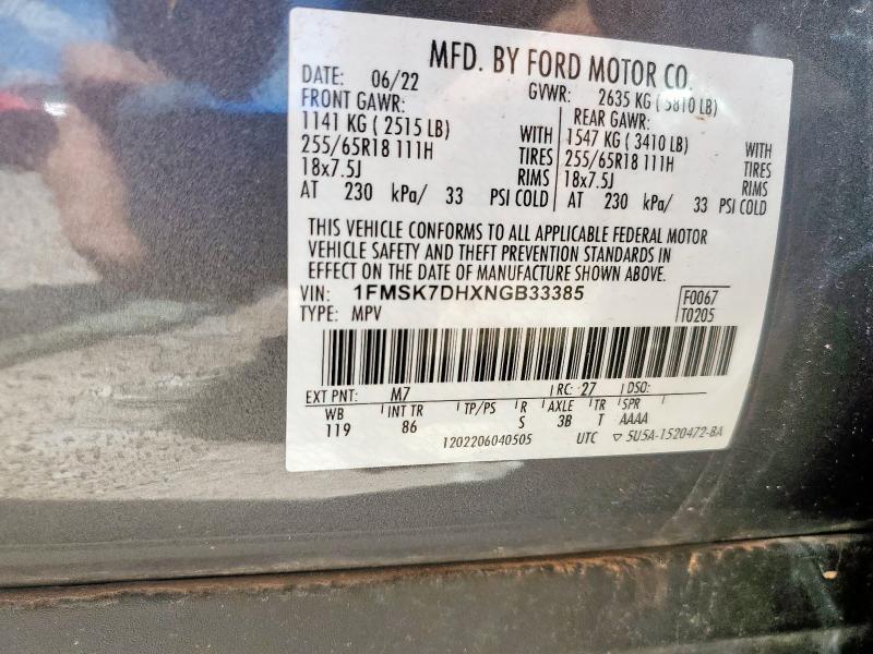 1FMSK7DHXNGB33385 - 2022 FORD EXPLORER XLT Boz foto 13