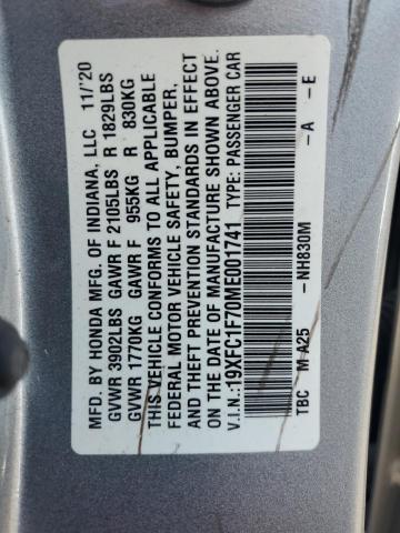19XFC1F70ME001741 - 2021 HONDA CIVIC EXL SILVER photo 12