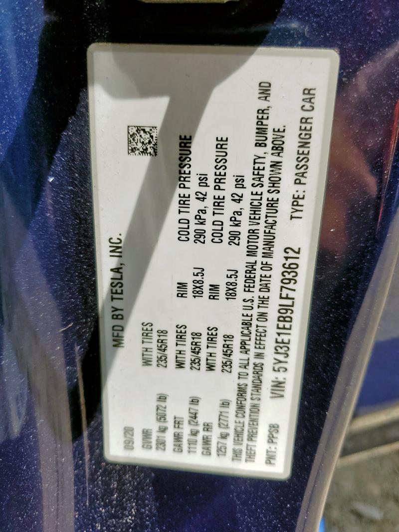 5YJ3E1EB9LF793612 - 2020 TESLA MODEL 3 ლურჯი ფოტო 12