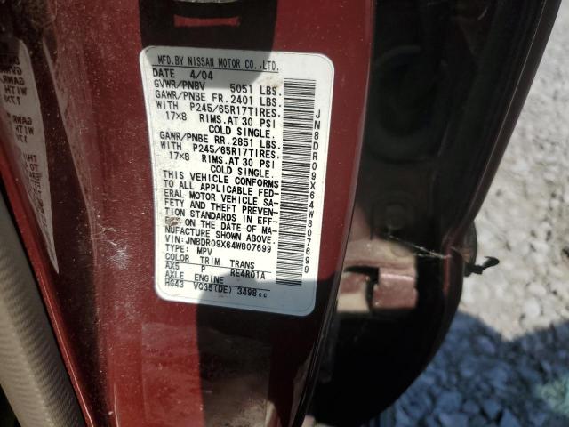 JN8DR09X64W807699 - 2004 NISSAN PATHFINDER LE BURGUNDY photo 13