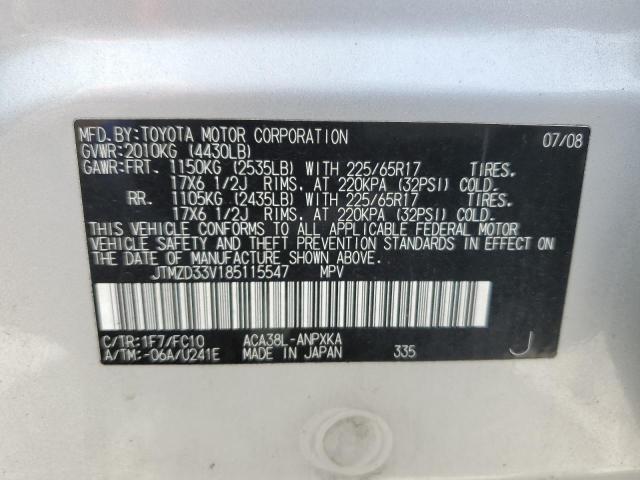 JTMZD33V185115547 - 2008 TOYOTA RAV4 SILVER photo 13