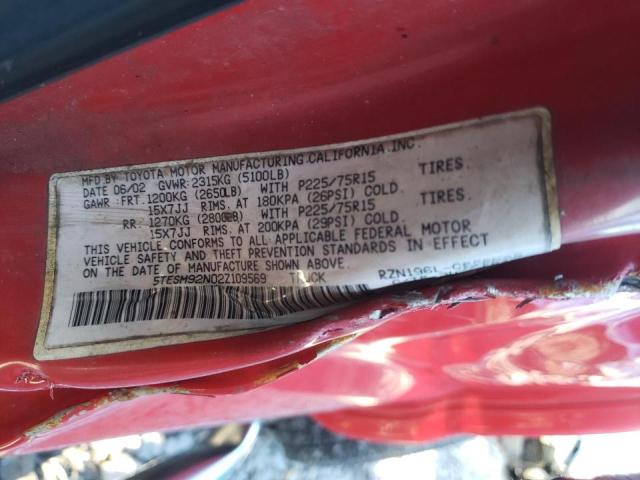 5TESM92N02Z109569 - 2002 TOYOTA TACOMA XTRACAB PRERUNNER წითელი ფოტო 10
