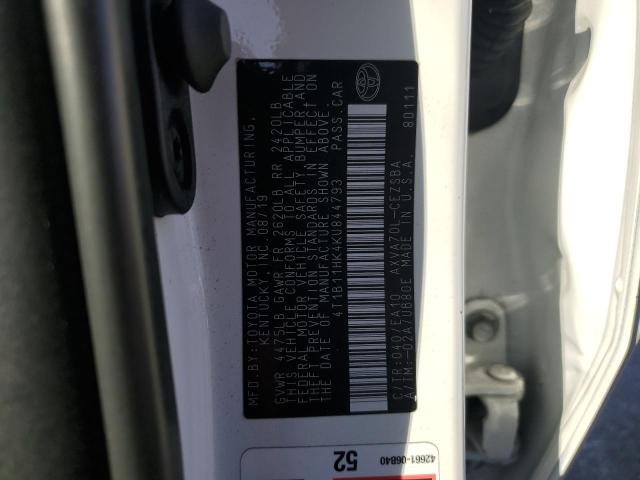 4T1B11HK4KU844793 - 2019 TOYOTA CAMRY L 白色 照片 13