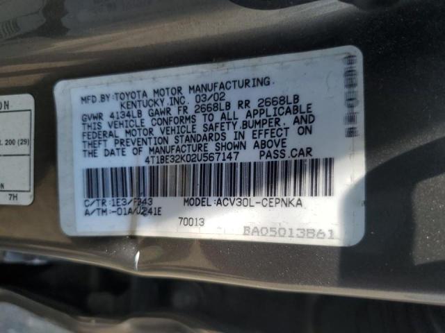 4T1BE32K02U567147 - 2002 TOYOTA CAMRY LE GRAY photo 12