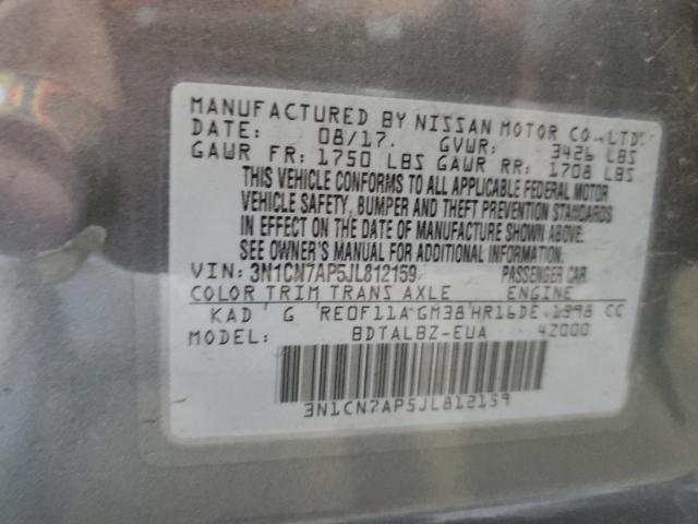 3N1CN7AP5JL812159 - 2018 NISSAN VERSA S GRAY photo 13