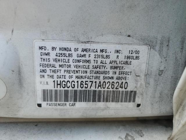 1HGCG16571A026240 - 2001 HONDA ACCORD EX Blanc photo 12