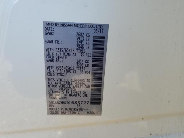 5N1AR2MN2DC685727 - 2013 NISSAN PATHFINDER S WHITE photo 13