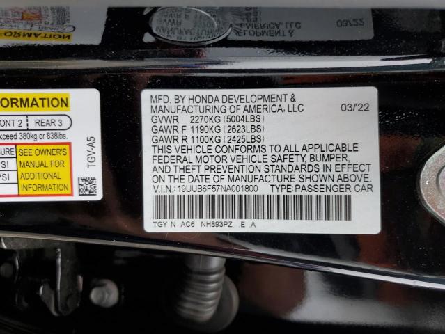 19UUB6F57NA001800 - 2022 ACURA TLX TECH A BLACK photo 12