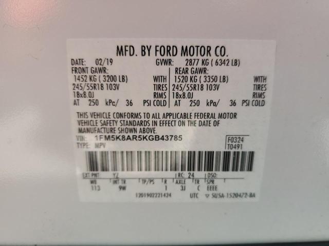 1FM5K8AR5KGB43785 - 2019 FORD EXPLORER POLICE INTERCEPTOR WHITE photo 13