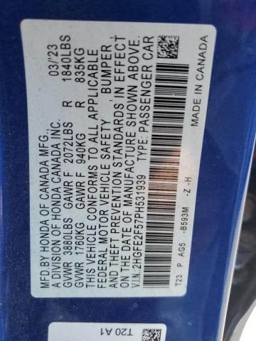 2HGFE2F57PH531939 - 2023 HONDA CIVIC SPORT أزرق صورة 13