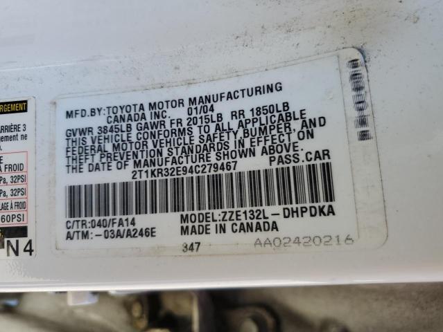 2T1KR32E94C279467 - 2004 TOYOTA COROLLA MA XR WHITE photo 12