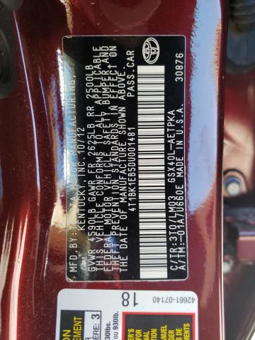 4T1BK1EB5DU001481 - 2013 TOYOTA AVALON BASE 红色 照片 12