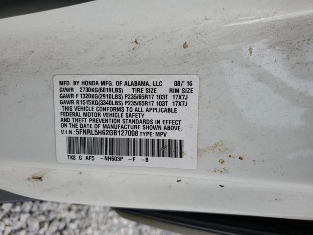 5FNRL5H62GB127008 - 2016 HONDA ODYSSEY EXL WHITE photo 13