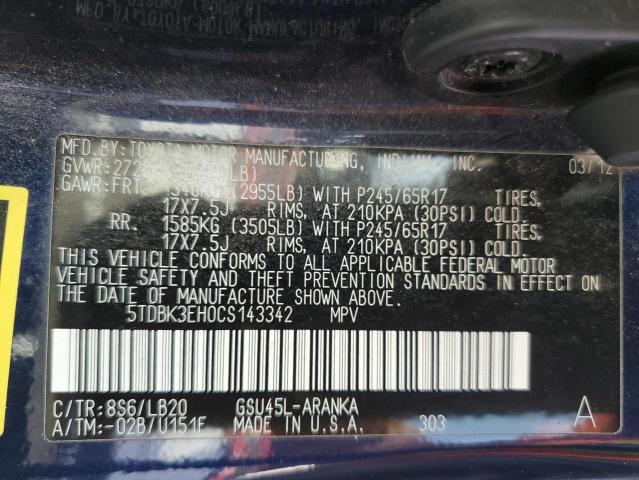 5TDBK3EH0CS143342 - 2012 TOYOTA HIGHLANDER BASE Niebieski zdjęcie 13