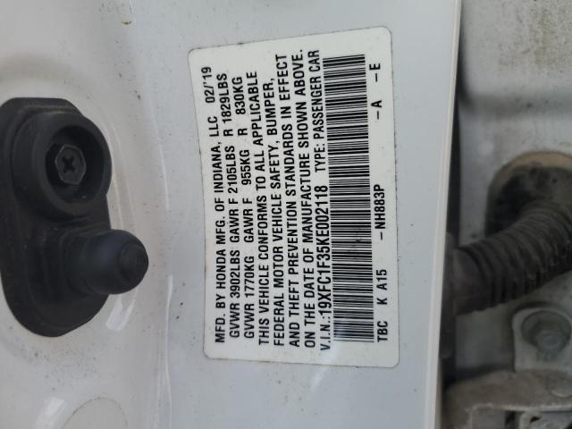 19XFC1F35KE002118 - 2019 HONDA CIVIC EX WHITE photo 13