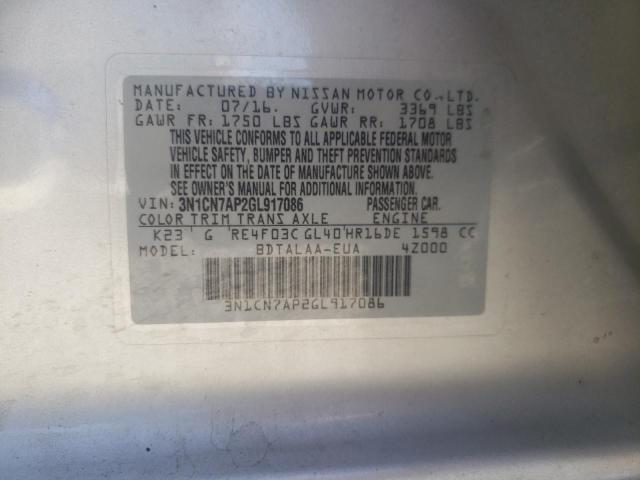 3N1CN7AP2GL917086 - 2016 NISSAN VERSA S SILVER photo 12