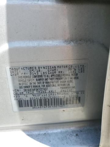3N1AB7AP3KY227407 - 2019 NISSAN SENTRA S SILVER photo 12