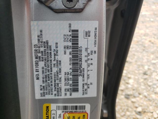 3FA6P0HD3KR101815 - 2019 FORD FUSION SE SILVER photo 12