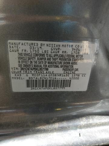 3N1CN7AP0KL857799 - 2019 NISSAN VERSA S CHARCOAL photo 12