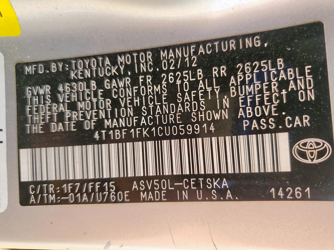 4T1BF1FK1CU059914 - 2012 TOYOTA CAMRY BASE Gümüş foto 12